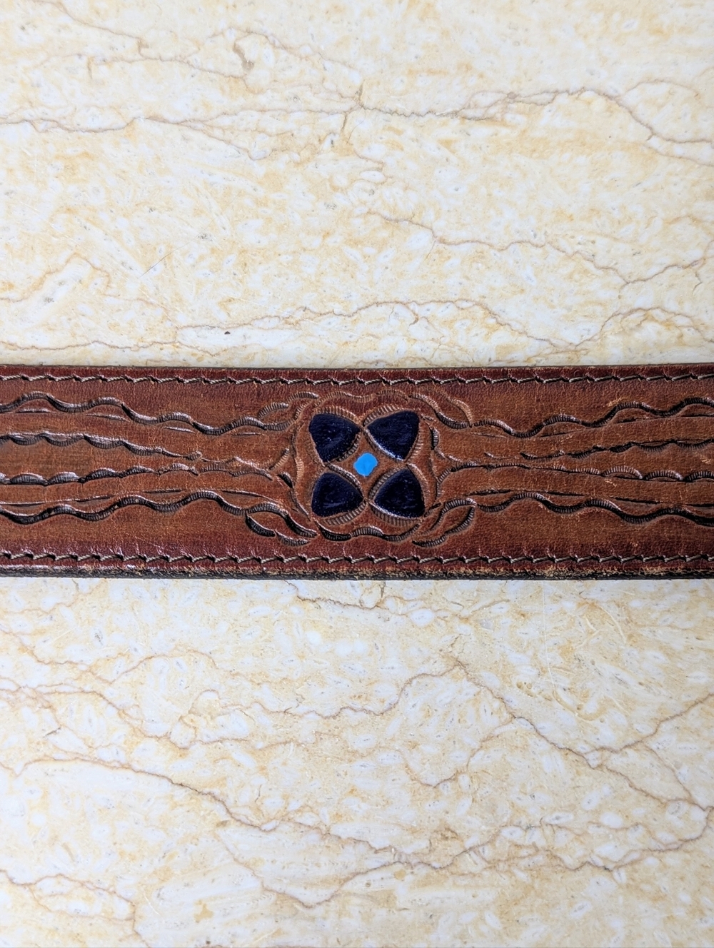 Vintage Leather Hand Stained Tooled Rugged Distressed Blue Floral Belt Womens 30 - Picture 4 of 14